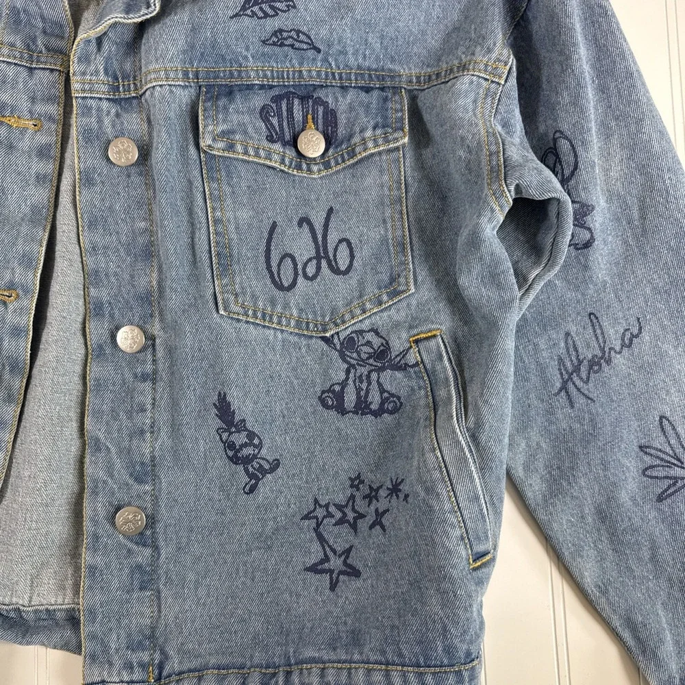 Disney Stitch 626 Jean Jacket Juniors Size S(3-5)‎ Light Wash Embroidered Prints